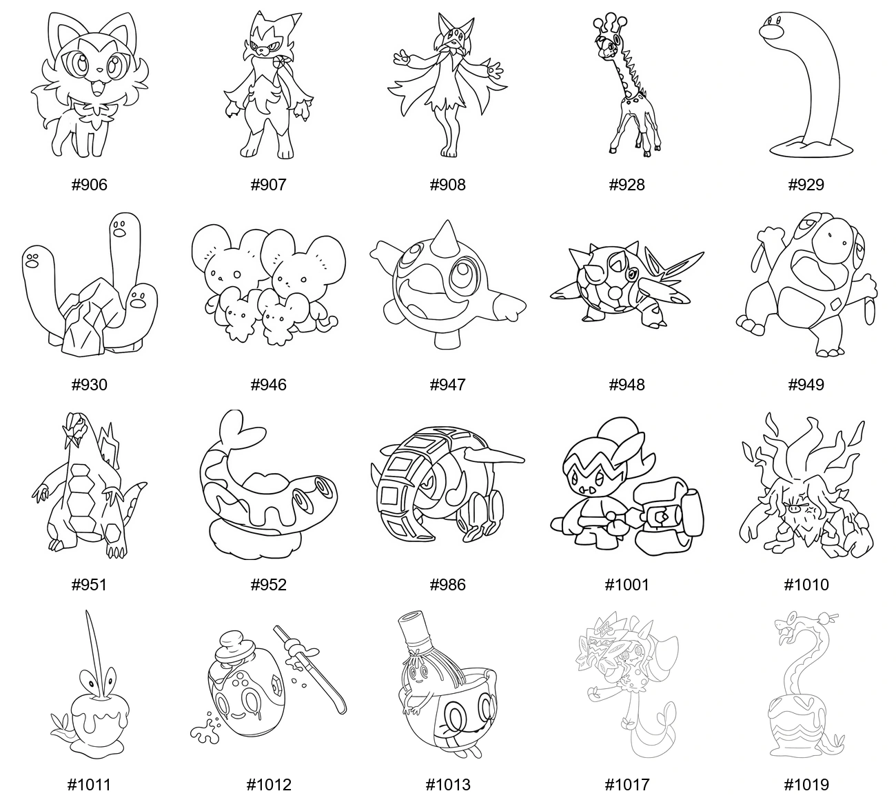Ruoho-tyypin Pokémon-värityskuvat - Sukupolvi 9 - Sprigatito, Floragato, Meowscarada, Farigiraf