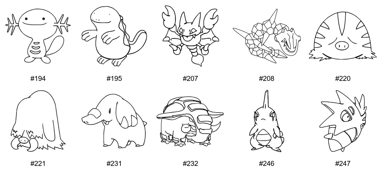 Maa-tyypin Pokémon-värityskuvat - Sukupolvi 2 - Wooper, Quagsire, Gligar, Steelix