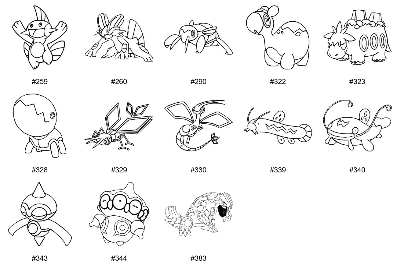 Maa-tyypin Pokémon-värityskuvat - Sukupolvi 3 - Marshtomp, Swampert, Nincada, Numel