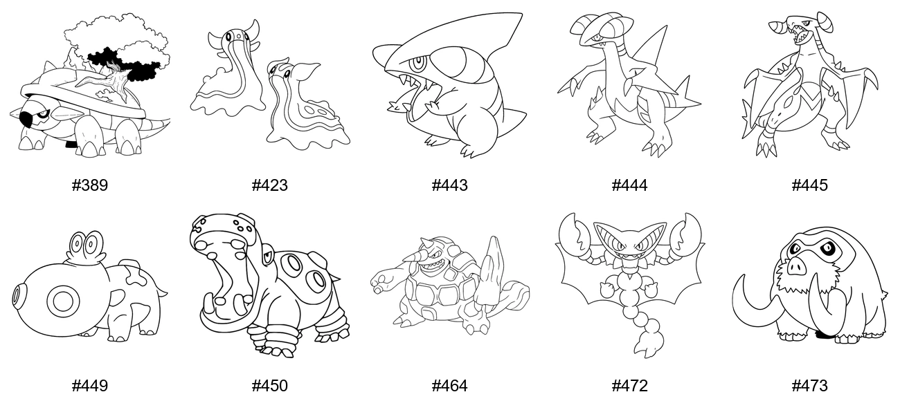 Maa-tyypin Pokémon-värityskuvat - Sukupolvi 4 - Torterra, Gastrodon, Gible, Gabite