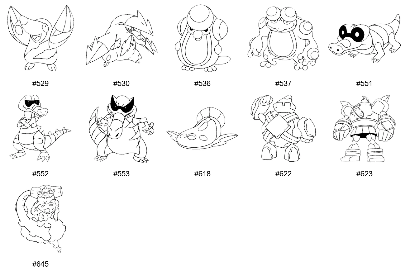 Maa-tyypin Pokémon-värityskuvat - Sukupolvi 5 - Drilbur, Excadrill, Palpitoad, Seismitoad