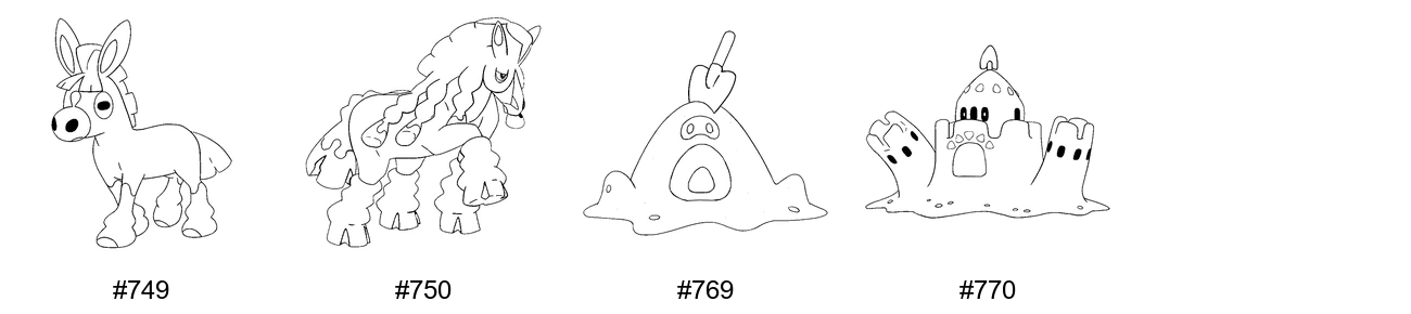 Maa-tyypin Pokémon-värityskuvat - Sukupolvi 7 - Mudbray, Mudsdale, Sandygast, Palossand