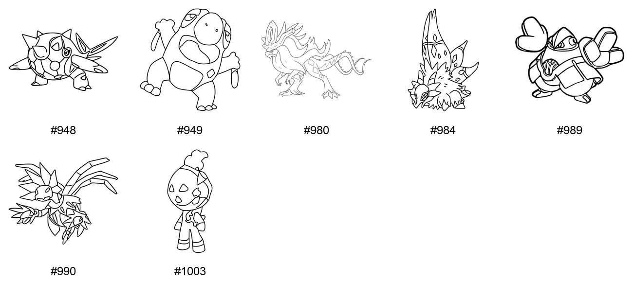 Maa-tyypin Pokémon-värityskuvat - Sukupolvi 9 - Cetitan, Frigibax, Walking Wake, Slither Wing