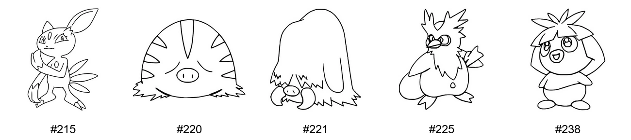 Jää-tyypin Pokémon-värityskuvat - Sukupolvi 2 - Sneasel, Swinub, Piloswine, Delibird