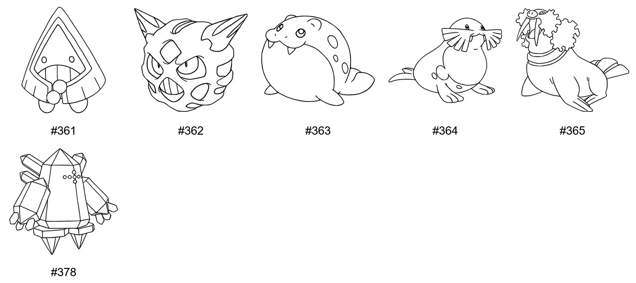 Jää-tyypin Pokémon-värityskuvat - Sukupolvi 3 - Snorunt, Glalie, Spheal, Sealeo
