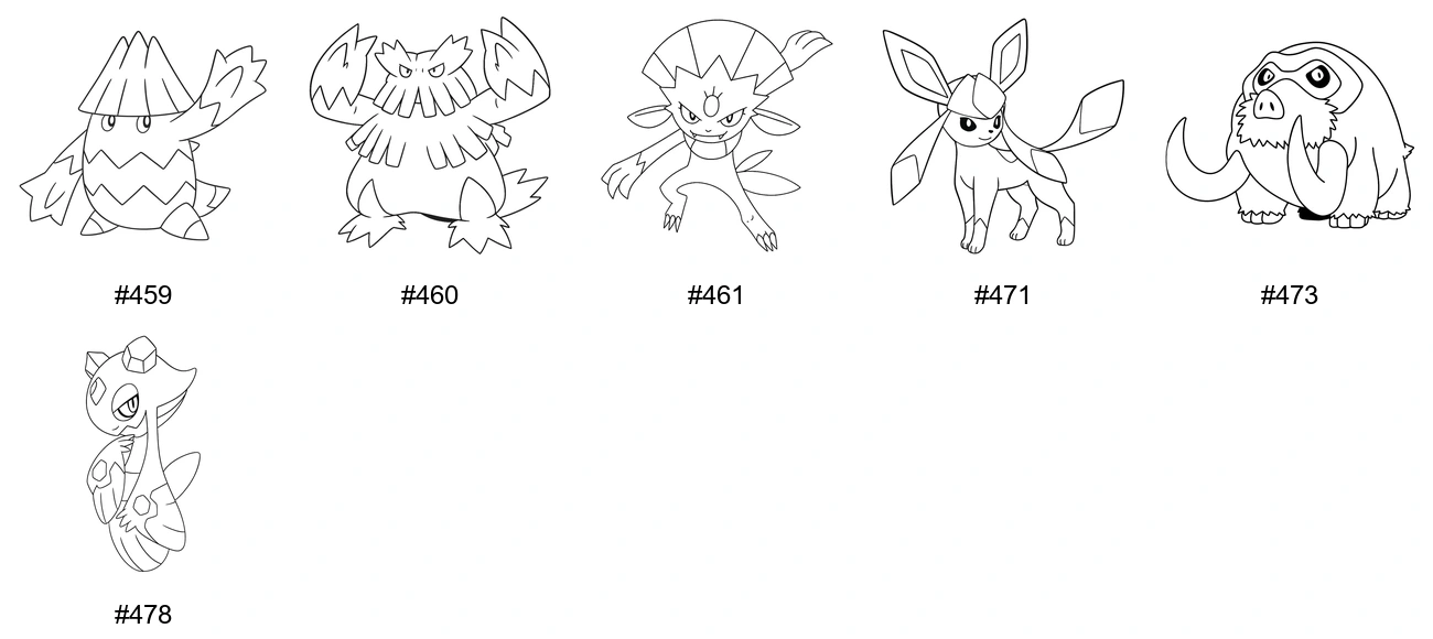 Jää-tyypin Pokémon-värityskuvat - Sukupolvi 4 - Snover, Abomasnow, Weavile, Glaceon