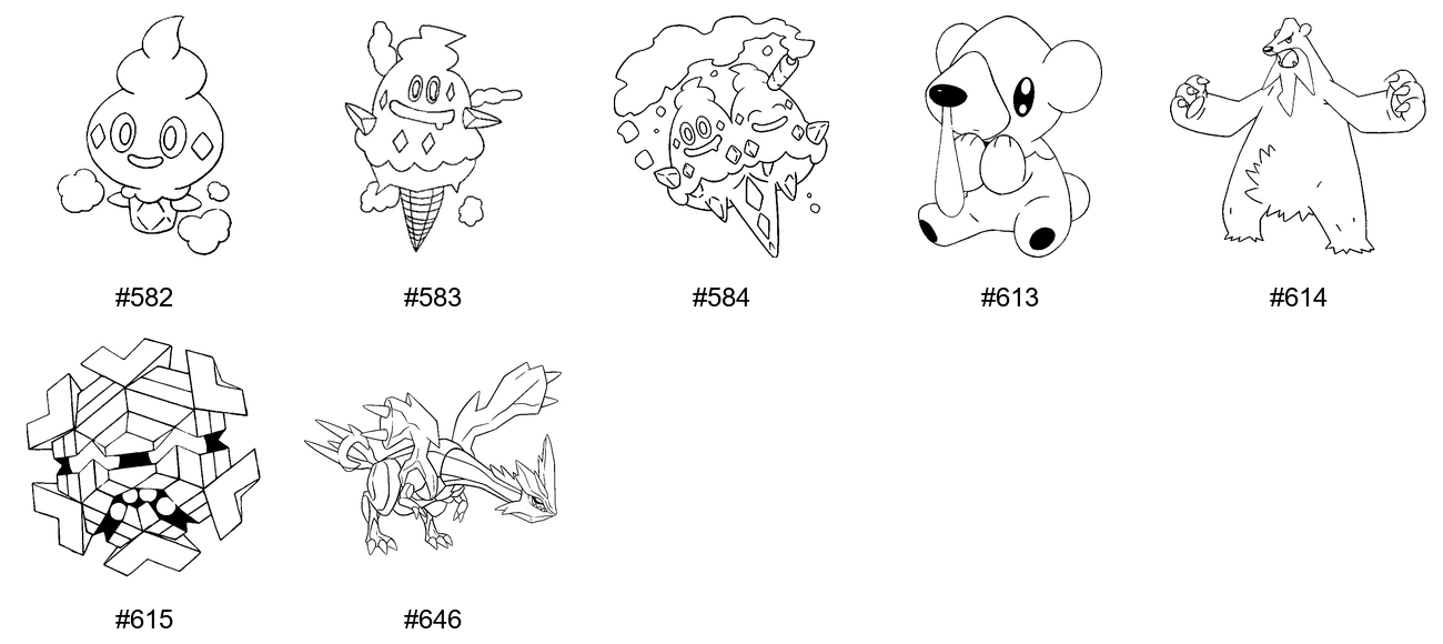 Jää-tyypin Pokémon-värityskuvat - Sukupolvi 5 - Vanillite, Vanillish, Vanilluxe, Cubchoo