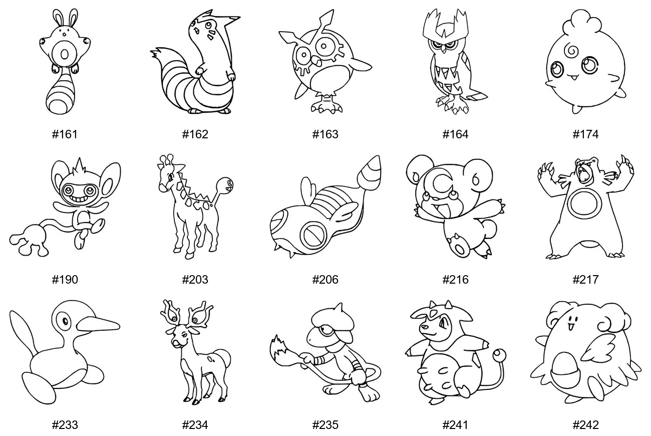 Normaali-tyypin Pokémon-värityskuvat - Sukupolvi 2 - Sentret, Furret, Hoothoot, Noctowl