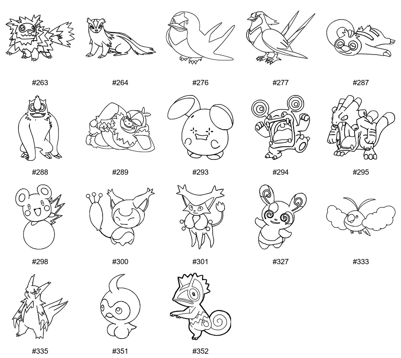 Normaali-tyypin Pokémon-värityskuvat - Sukupolvi 3 - Zigzagoon, Linoone, Taillow, Swellow