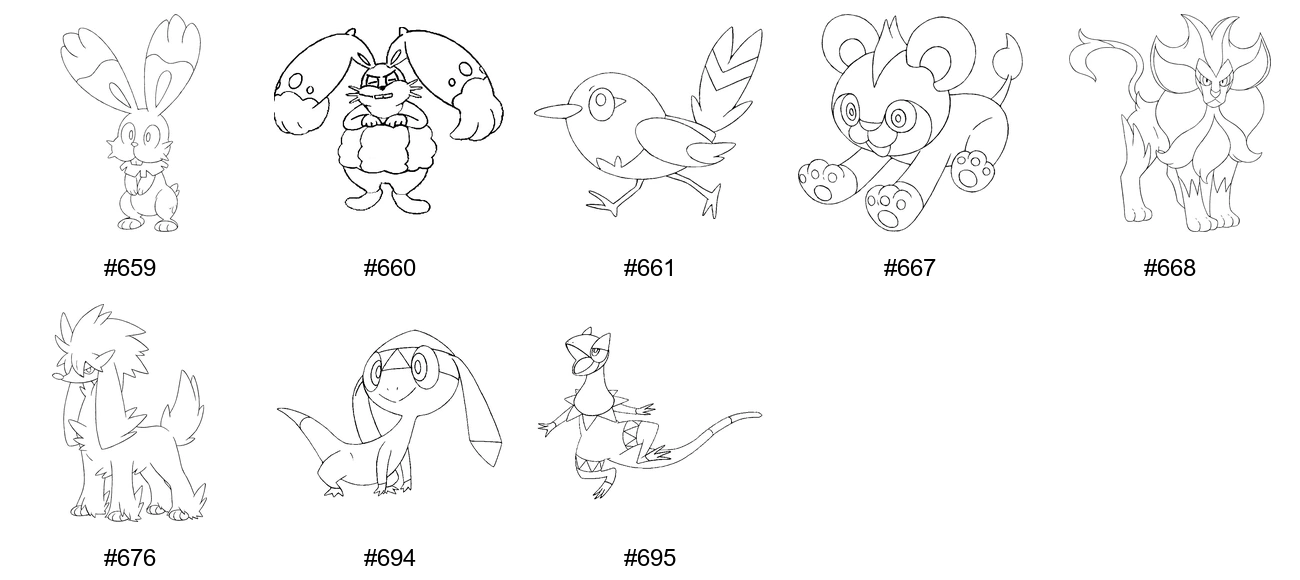 Normaali-tyypin Pokémon-värityskuvat - Sukupolvi 6 - Bunnelby, Diggersby, Fletchling, Litleo