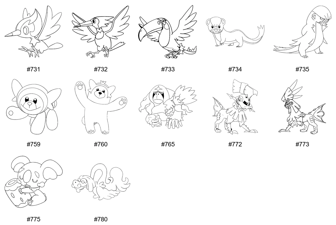Normaali-tyypin Pokémon-värityskuvat - Sukupolvi 7 - Pikipek, Trumbeak, Toucannon, Yungoos