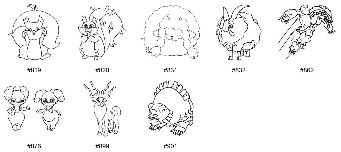 Normaali-tyypin Pokémon-värityskuvat - Sukupolvi 8 - Skwovet, Greedent, Wooloo, Dubwool