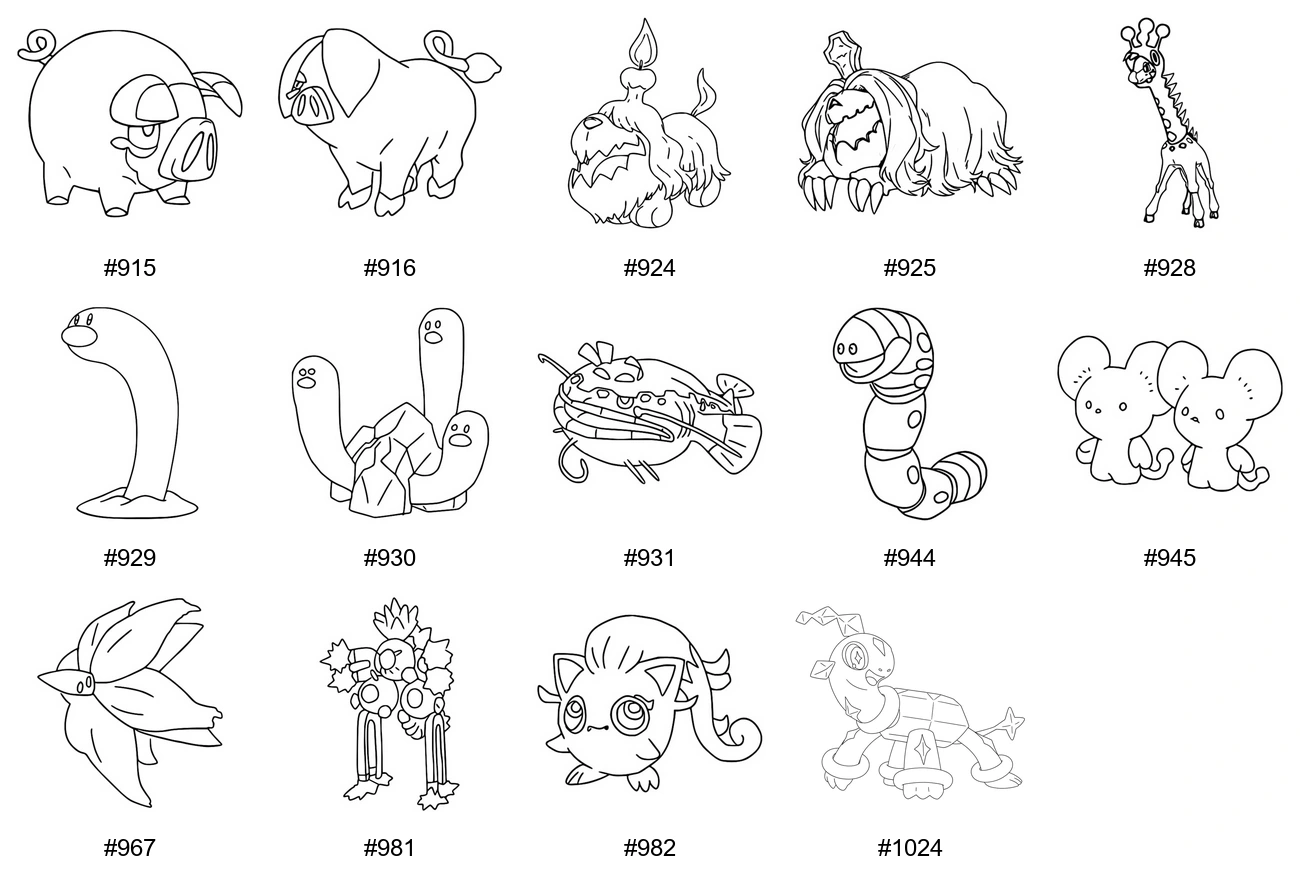 Normaali-tyypin Pokémon-värityskuvat - Sukupolvi 9 - Lechonk, Oinkologne, Greavard, Houndstone