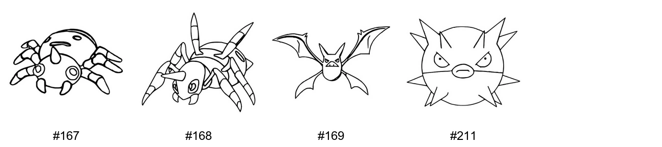 Pokémon Poison Coloring Pages - Generation 2 - Spinarak, Ariados, Crobat, Qwilfish