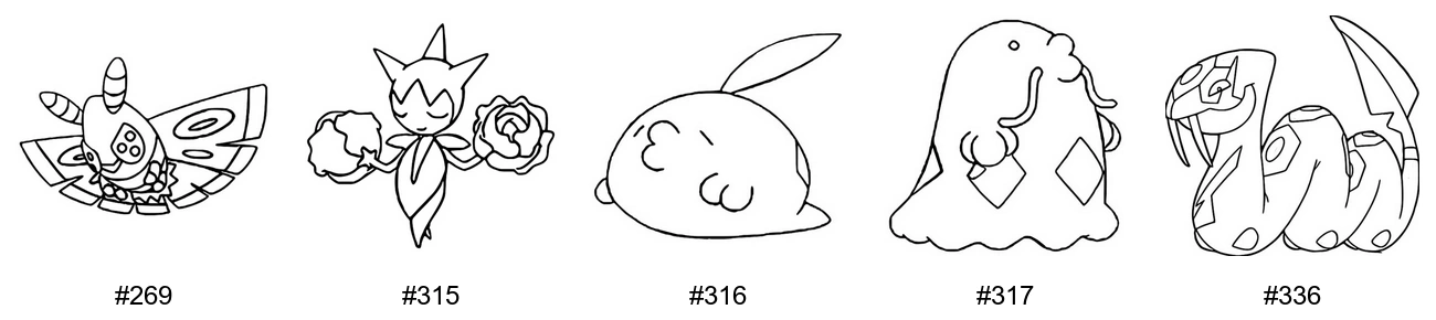 Pokémon Poison Coloring Pages - Generation 3 - Dustox, Roselia, Gulpin, Swalot