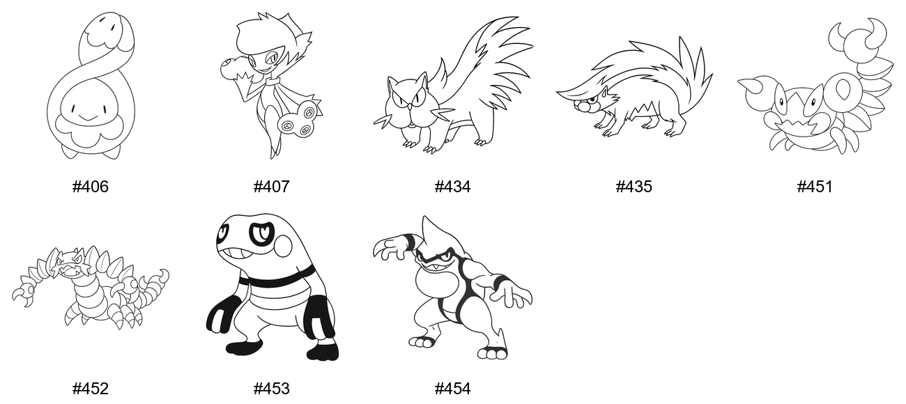 Pokémon Poison Coloring Pages - Generation 4 - Budew, Roserade, Stunky, Skuntank