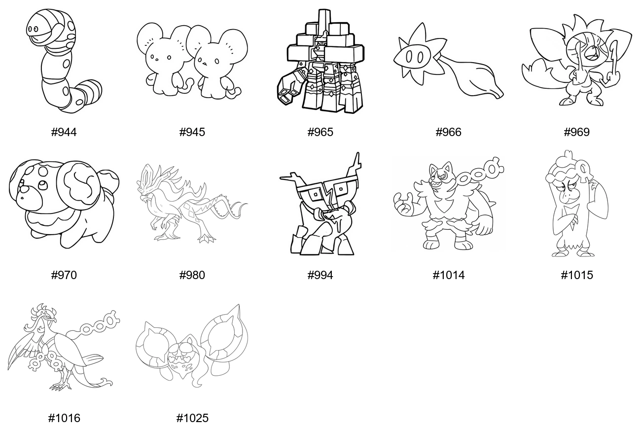 Pokémon Poison Coloring Pages - Generation 9 - Orthworm, Tandemaus, Garganacl, Glimmet
