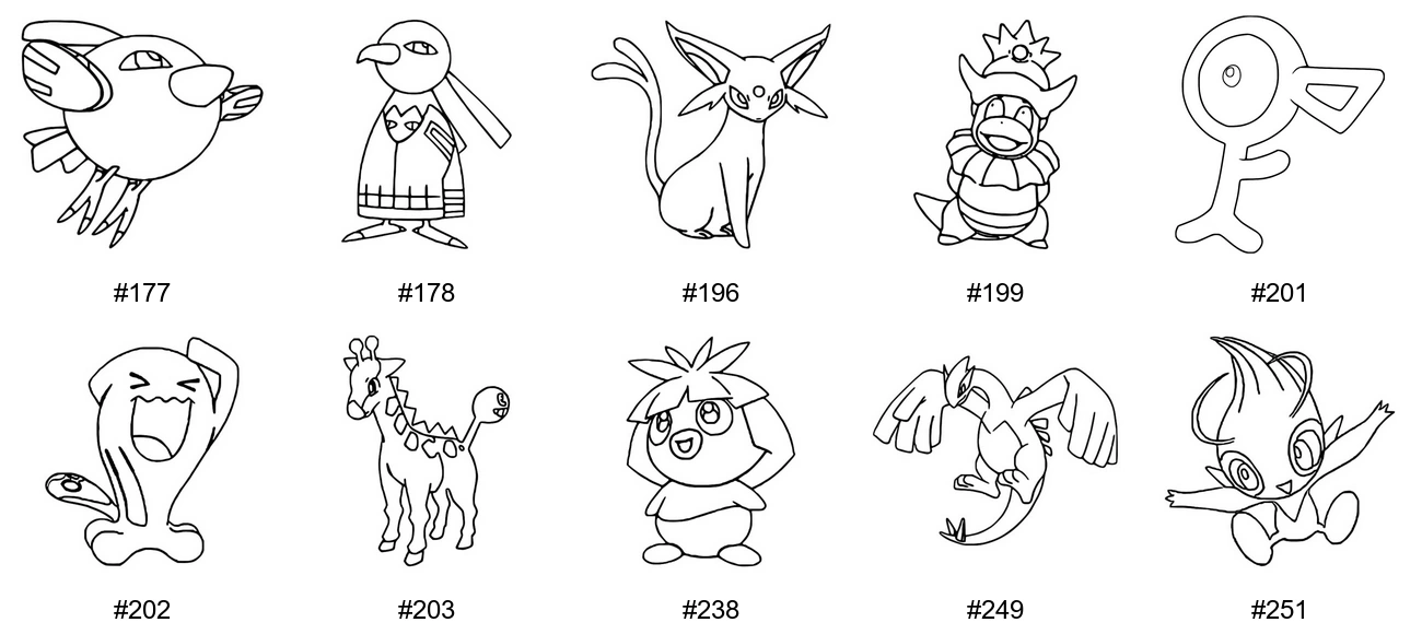 Meedio-tyypin Pokémon-värityskuvat - Sukupolvi 2 - Natu, Xatu, Espeon, Slowking
