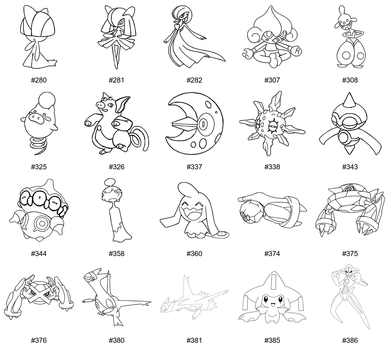 Meedio-tyypin Pokémon-värityskuvat - Sukupolvi 3 - Ralts, Kirlia, Gardevoir, Meditite