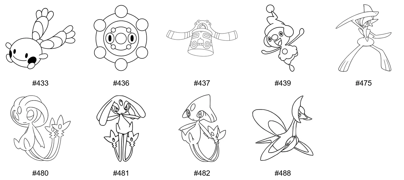 Meedio-tyypin Pokémon-värityskuvat - Sukupolvi 4 - Chingling, Bronzor, Bronzong, Mime jr
