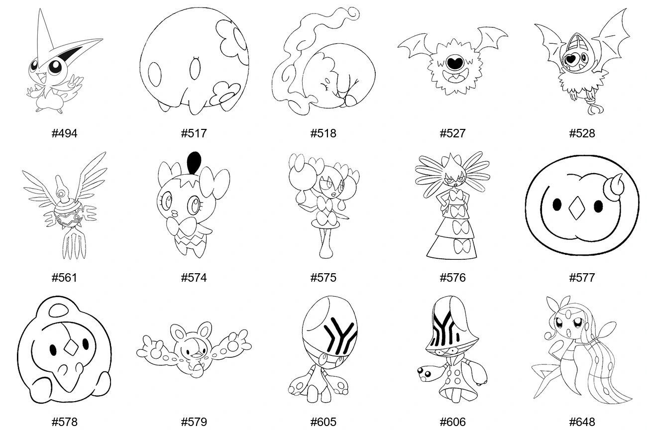 Meedio-tyypin Pokémon-värityskuvat - Sukupolvi 5 - Victini, Munna, Musharna, Woobat