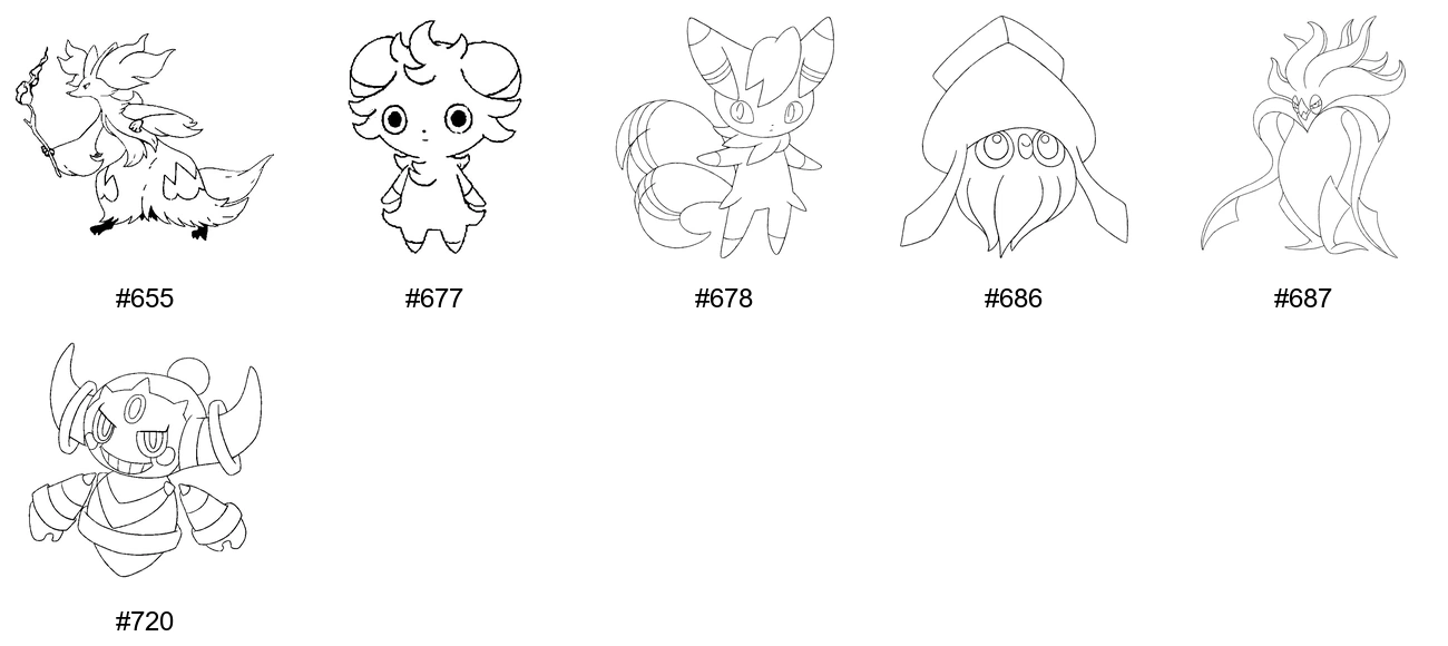 Meedio-tyypin Pokémon-värityskuvat - Sukupolvi 6 - Delphox, Espurr, Meowstic, Inkay