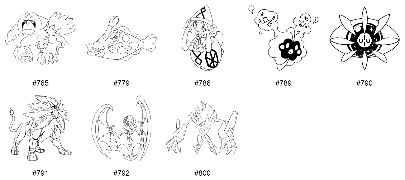 Meedio-tyypin Pokémon-värityskuvat - Sukupolvi 7 - Oranguru, Bruxish, Tapu Lele, Cosmog