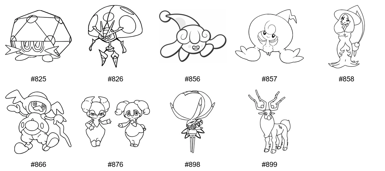 Meedio-tyypin Pokémon-värityskuvat - Sukupolvi 8 - Dottler, Orbeetle, Hatenna, Hattrem