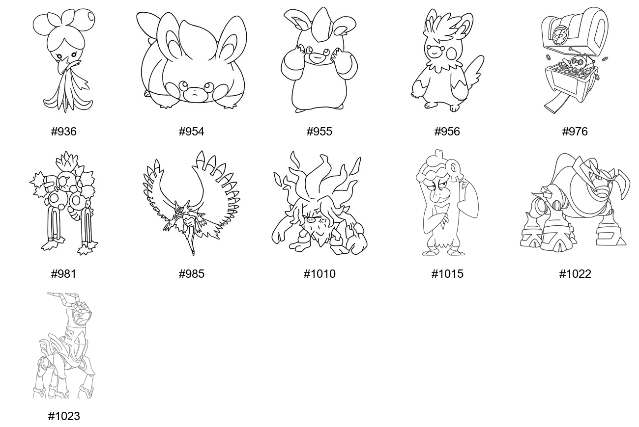 Meedio-tyypin Pokémon-värityskuvat - Sukupolvi 9 - Dolliv, Pawmi, Pawmo, Pawmot