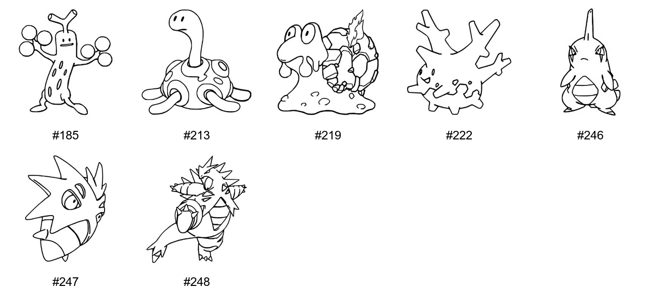 Kivi-tyypin Pokémon-värityskuvat - Sukupolvi 2 - Sudowoodo, Shuckle, Magcargo, Corsola