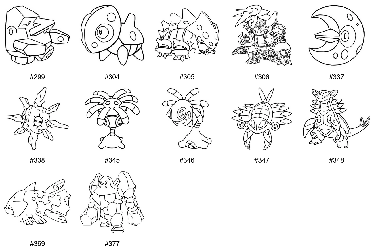 Kivi-tyypin Pokémon-värityskuvat - Sukupolvi 3 - Nosepass, Aron, Lairon, Aggron