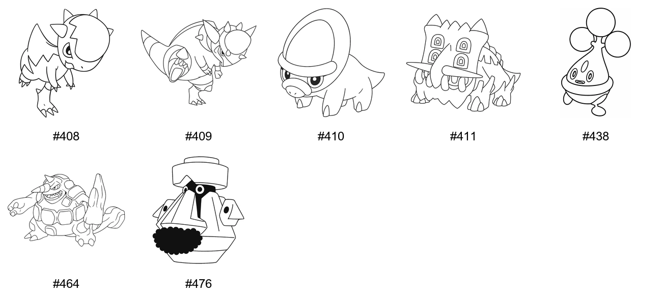 Kivi-tyypin Pokémon-värityskuvat - Sukupolvi 4 - Cranidos, Rampardos, Shieldon, Bastiodon