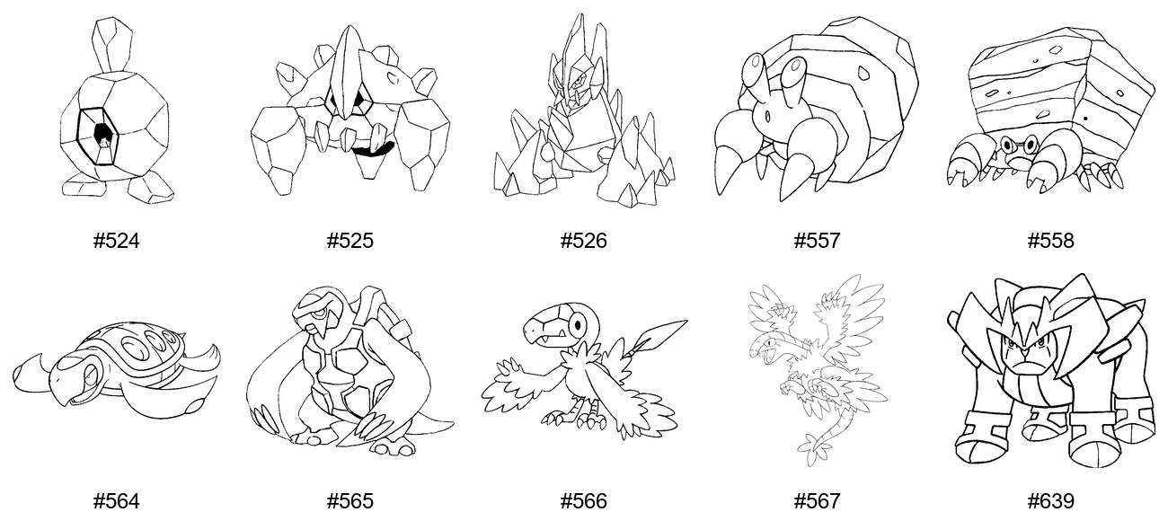 Kivi-tyypin Pokémon-värityskuvat - Sukupolvi 5 - Roggenrola, Boldore, Gigalith, Dwebble