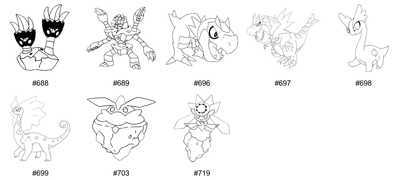 Kivi-tyypin Pokémon-värityskuvat - Sukupolvi 6 - Binacle, Barbaracle, Tyrunt, Tyrantrum