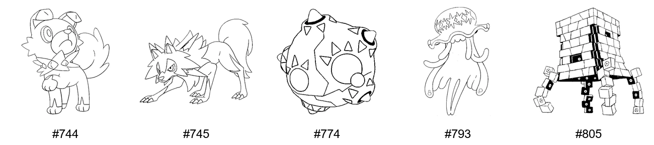 Kivi-tyypin Pokémon-värityskuvat - Sukupolvi 7 - Rockruff, Lycanroc, Minior, Nihilego