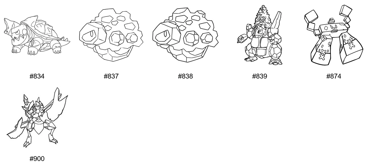 Kivi-tyypin Pokémon-värityskuvat - Sukupolvi 8 - Drednaw, Rolycoly, Carkol, Coalossal