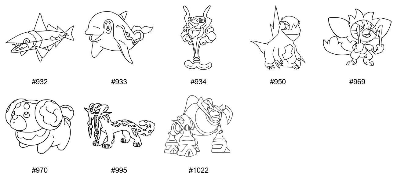 Kivi-tyypin Pokémon-värityskuvat - Sukupolvi 9 - Veluza, Finizen, Palafin, Arctibax