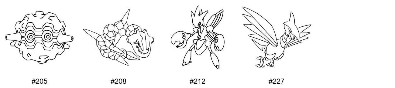 Teräs-tyypin Pokémon-värityskuvat - Sukupolvi 2 - Forretress, Steelix, Scizor, Skarmory