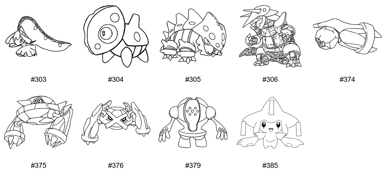 Teräs-tyypin Pokémon-värityskuvat - Sukupolvi 3 - Mawile, Aron, Lairon, Aggron