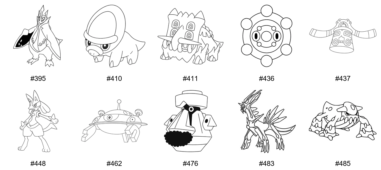 Teräs-tyypin Pokémon-värityskuvat - Sukupolvi 4 - Empoleon, Shieldon, Bastiodon, Bronzor