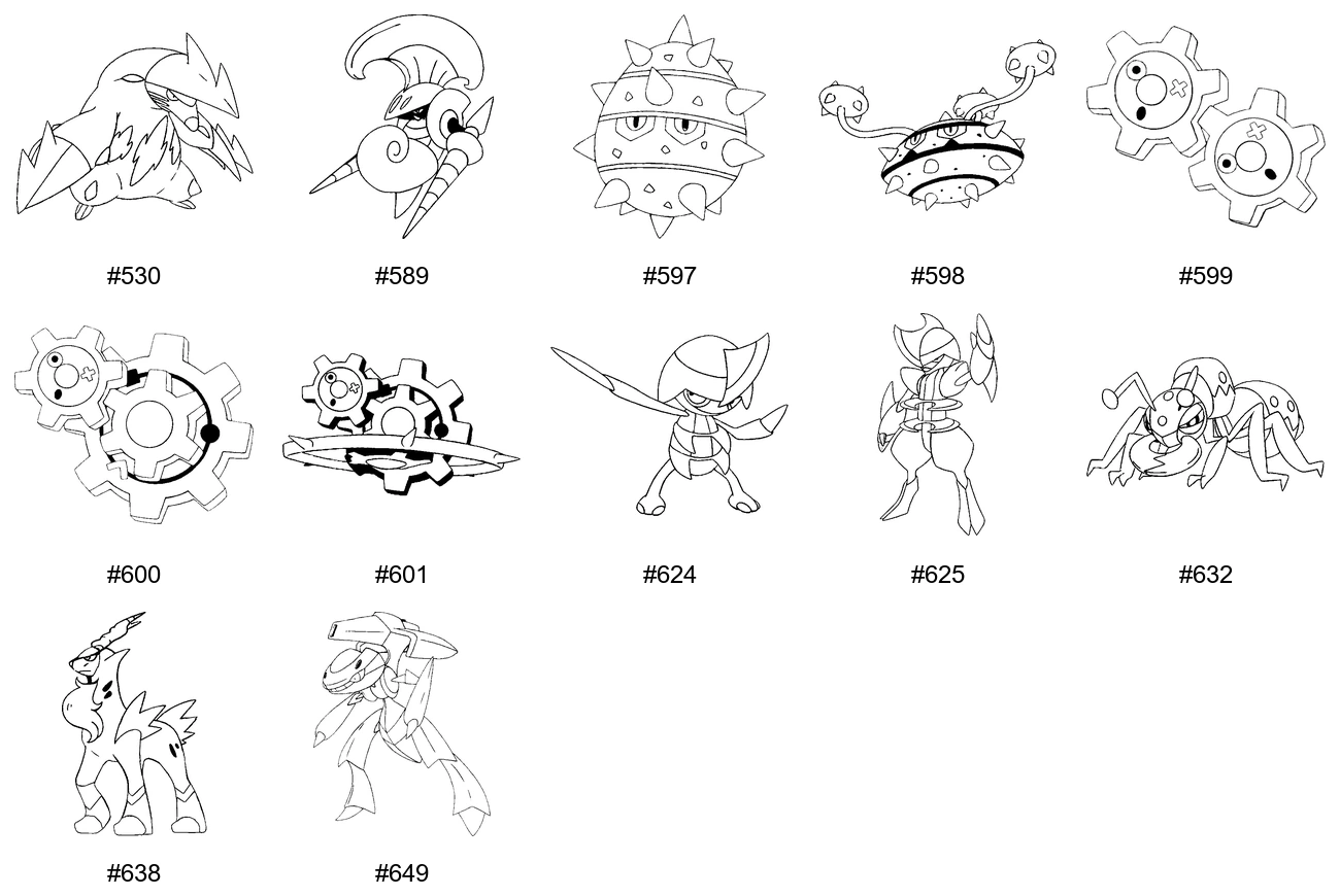 Teräs-tyypin Pokémon-värityskuvat - Sukupolvi 5 - Excadrill, Escavalier, Ferroseed, Ferrothorn