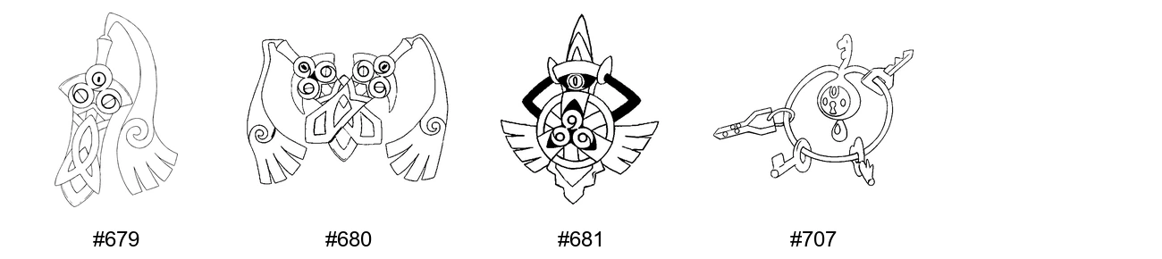 Teräs-tyypin Pokémon-värityskuvat - Sukupolvi 6 - Honedge, Doublade, Aegislash, Klefki