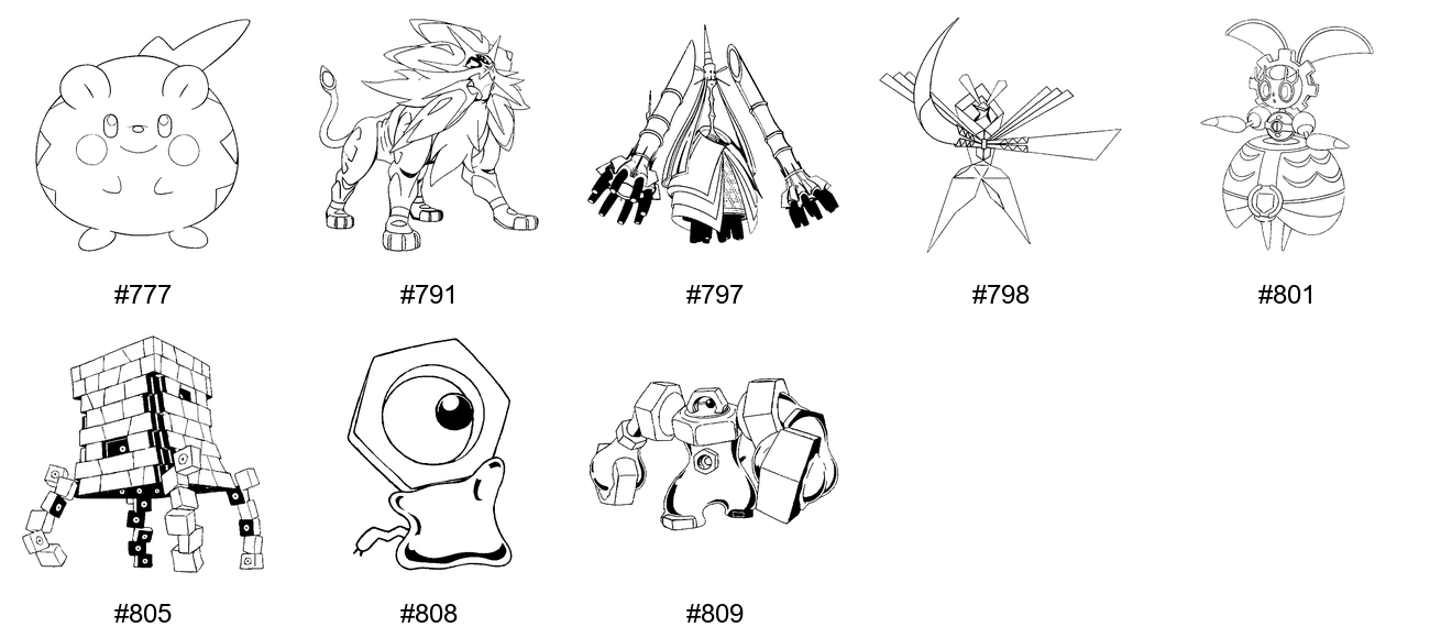 Teräs-tyypin Pokémon-värityskuvat - Sukupolvi 7 - Togedemaru, Solgaleo, Celesteela, Kartana
