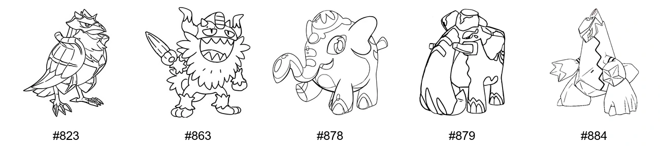Teräs-tyypin Pokémon-värityskuvat - Sukupolvi 8 - Corviknight, Perrserker, Cufant, Copperajah