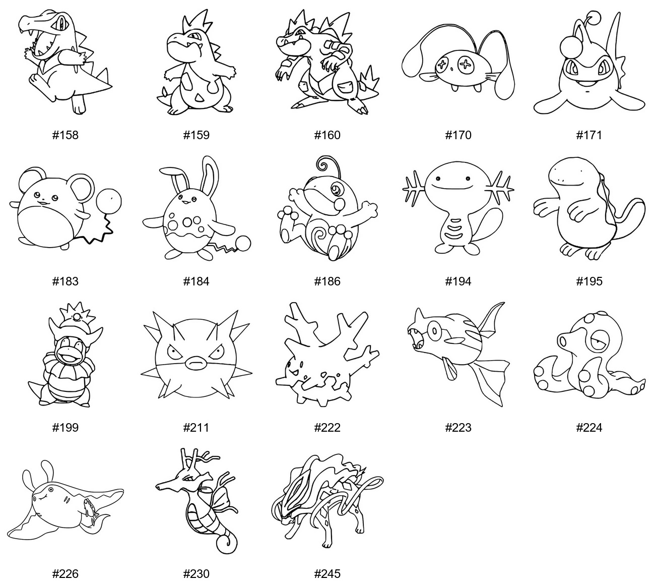 Vesi-tyypin Pokémon-värityskuvat - Sukupolvi 2 - Totodile, Croconaw, Feraligatr, Chinchou