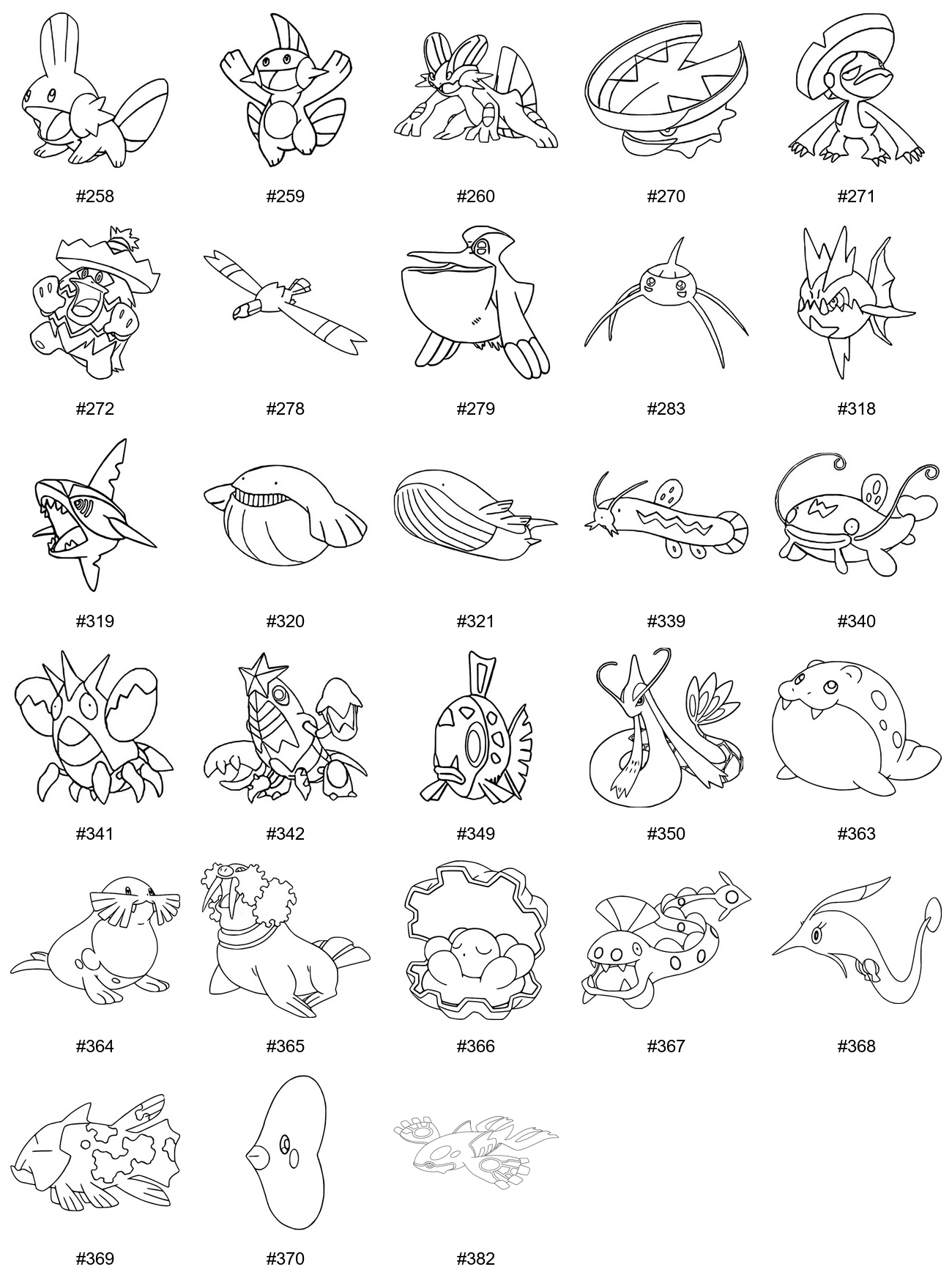 Vesi-tyypin Pokémon-värityskuvat - Sukupolvi 3 - Mudkip, Marshtomp, Swampert, Lotad