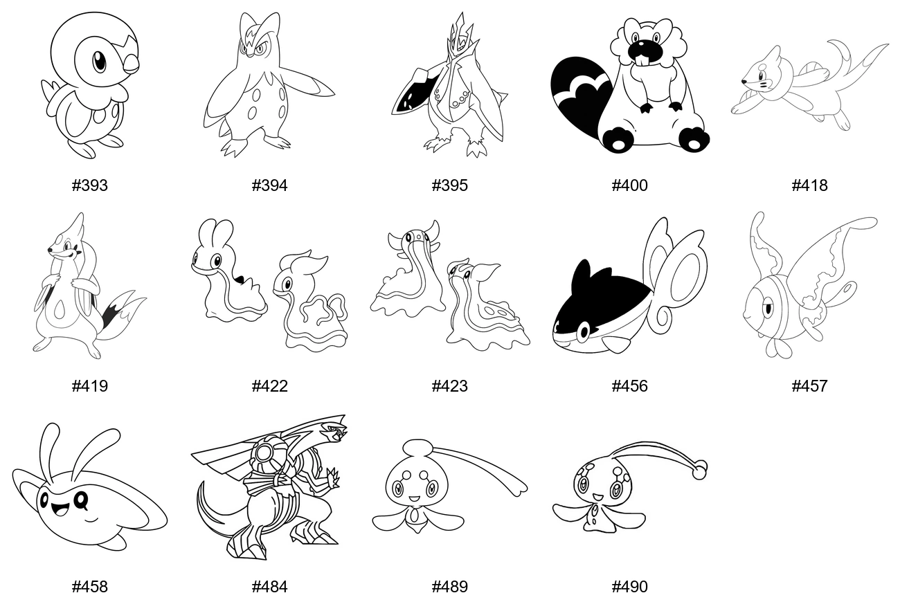 Vesi-tyypin Pokémon-värityskuvat - Sukupolvi 4 - Piplup, Prinplup, Empoleon, Bibarel