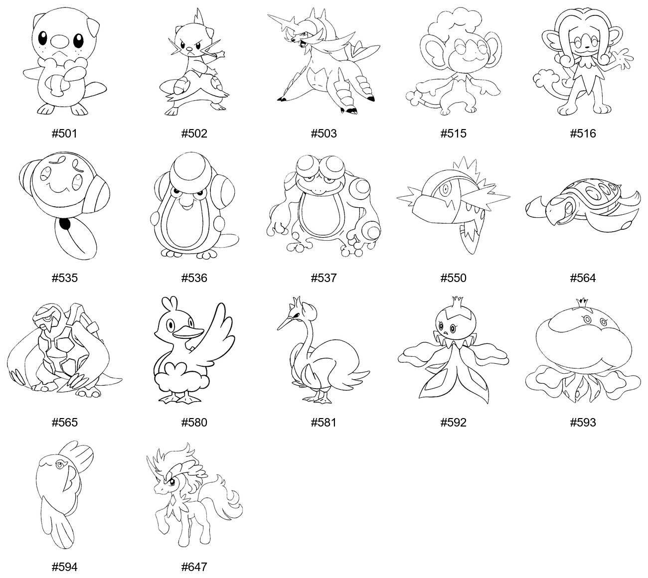 Vesi-tyypin Pokémon-värityskuvat - Sukupolvi 5 - Oshawott, Dewott, Samurott, Panpour