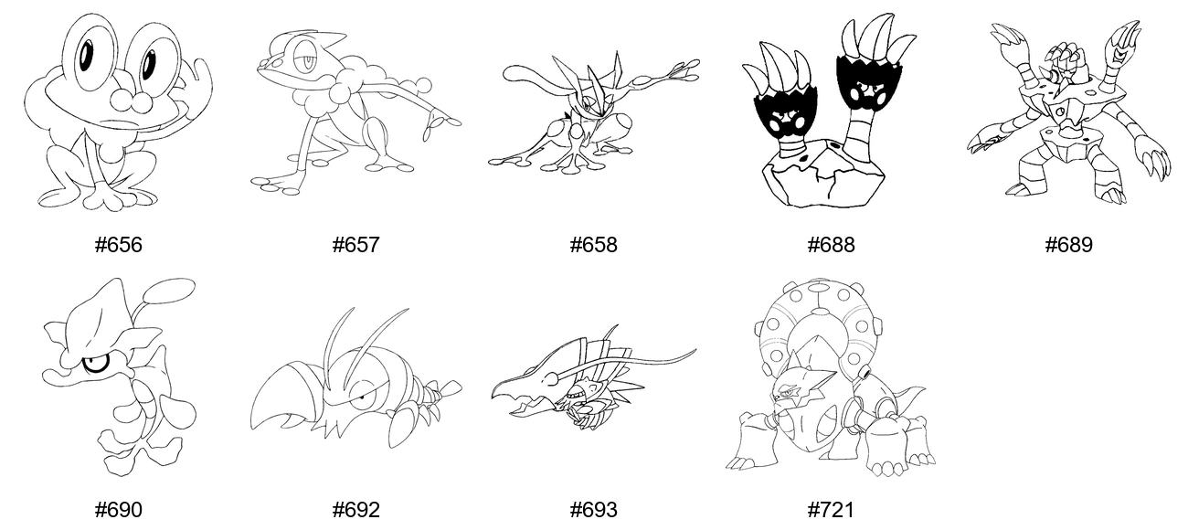 Vesi-tyypin Pokémon-värityskuvat - Sukupolvi 6 - Froakie, Frogadier, Greninja, Binacle
