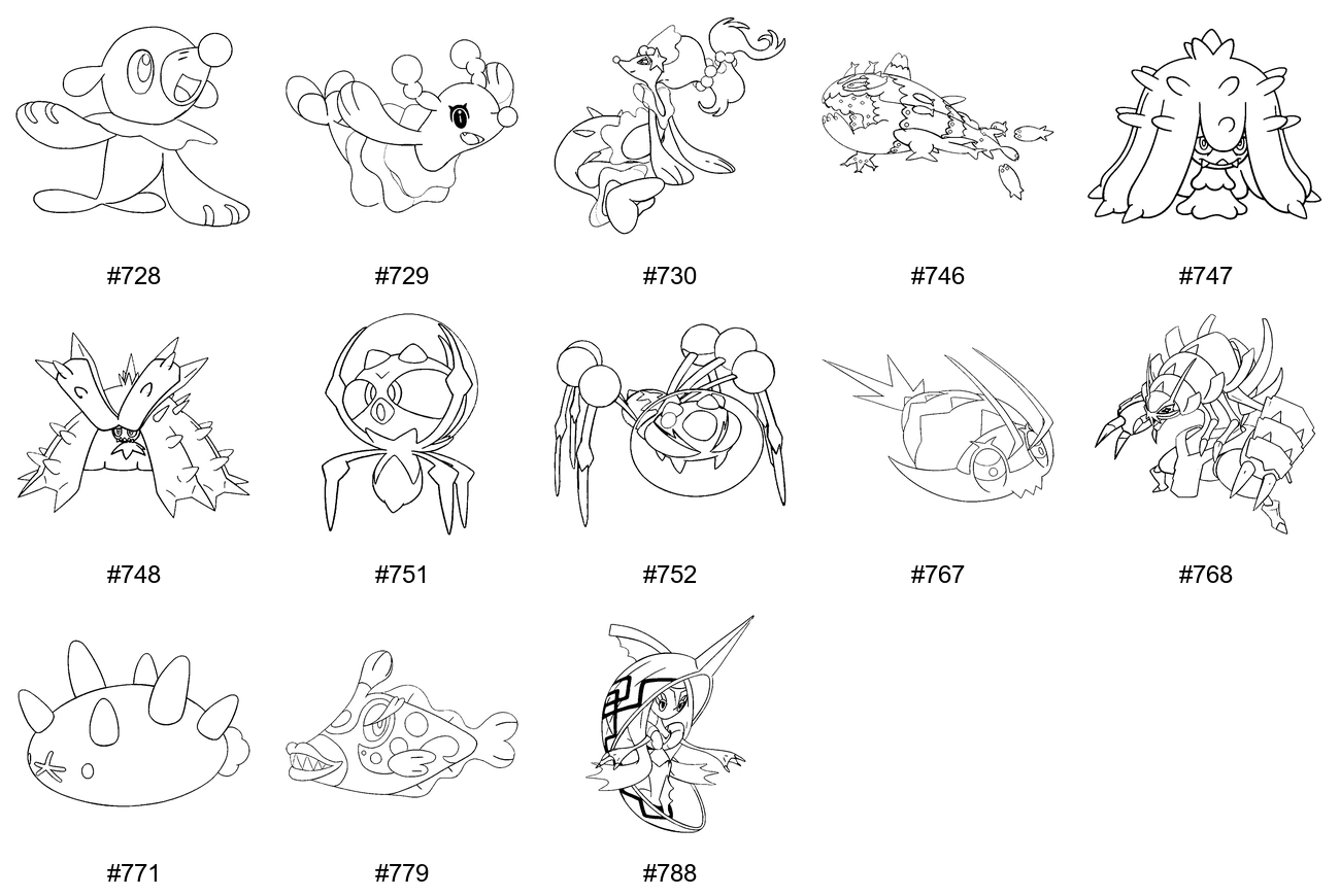 Vesi-tyypin Pokémon-värityskuvat - Sukupolvi 7 - Popplio, Brionne, Primarina, Wishiwashi